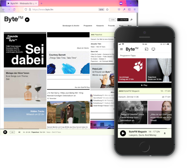 Screenshot von byte.fm, Mockup eines Smartphones
